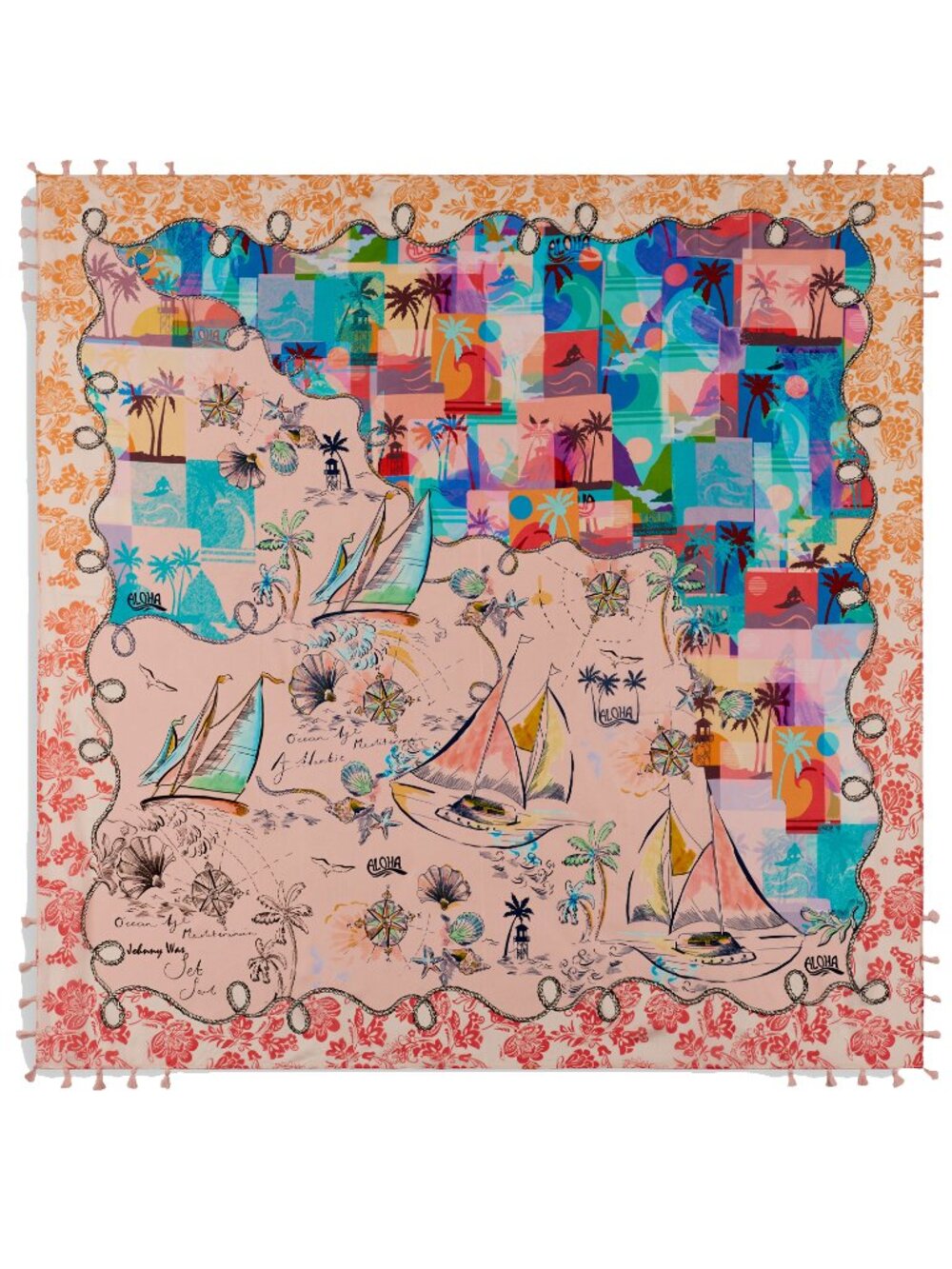 Johnny Was Marina Silk Scarf Square Large Floral Sailboats Red Blue Tassel NEW